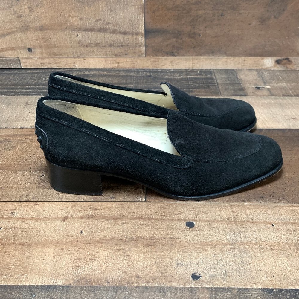 Tod's Black Suede Block Heel Loafers